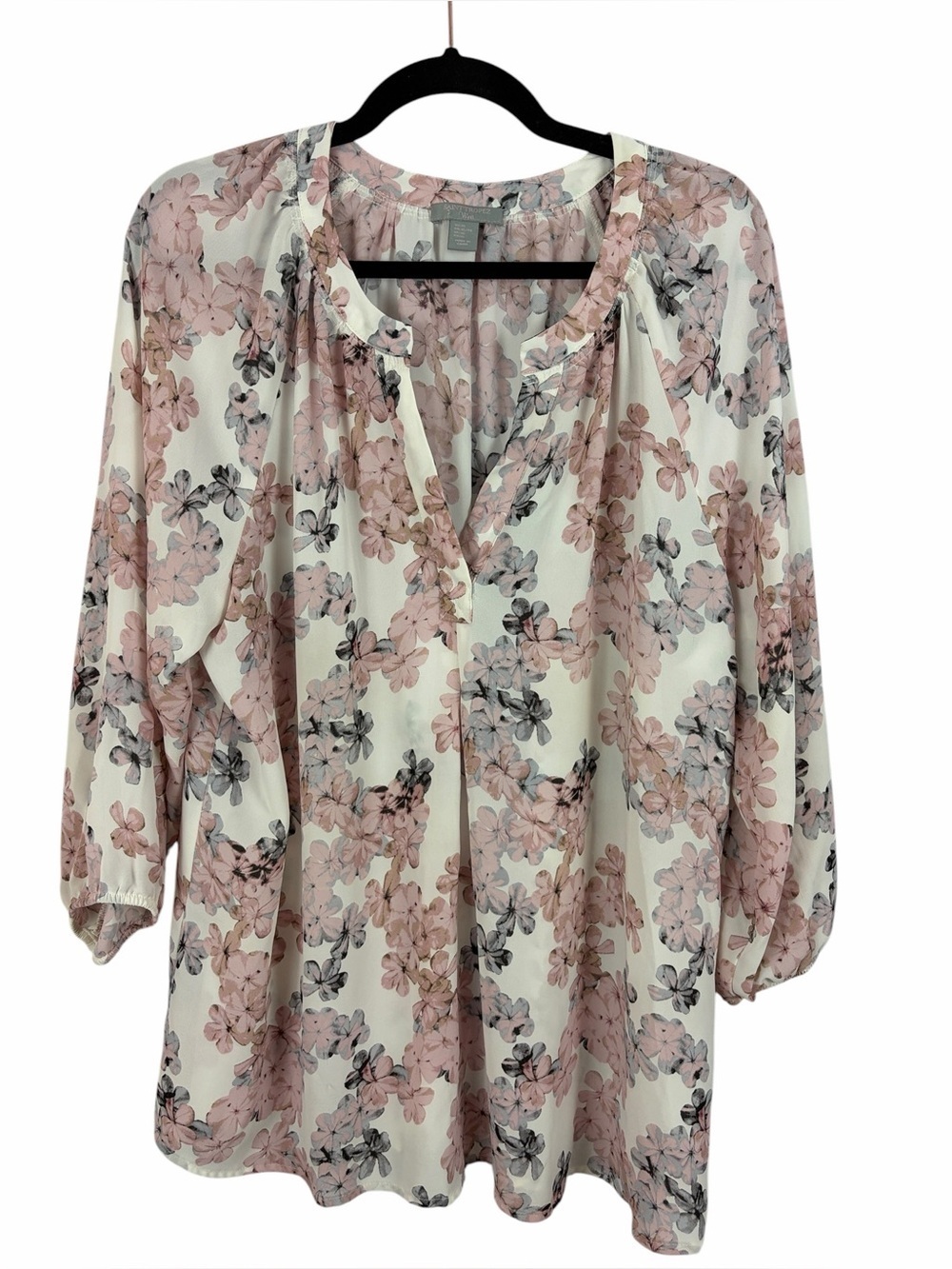 Saint Tropez West Floral Peasant Blouse Cream Pink Long Sleeve XL